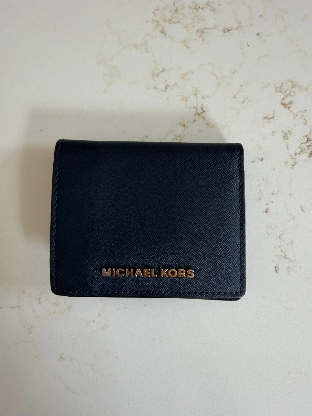 Michael Kors Blue Leather Card & Key Holder with Gold Logo